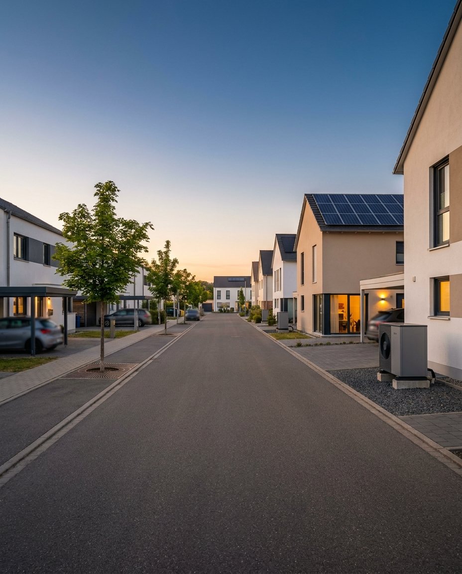 Modernes Wohnhaus mit Photovoltaik-Anlage auf dem Dach und Wärmepumpe im Neubaugebiet